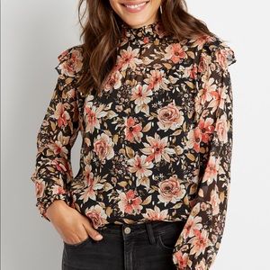 Maurice Black Floral Smocked Neck Long Sleeve Blouse
